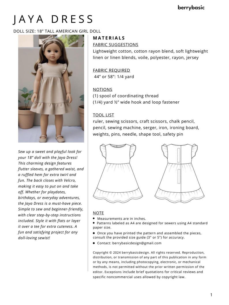 K&ouml;nnte beinhalten: Schnittmuster f&uuml;r ein Jaya-Kleid f&uuml;r eine 18-Zoll-Puppe. Das Kleid hat flatternde &Auml;rmel, eine geraffte Taille und einen R&uuml;schensaum. Das Muster enth&auml;lt Stoffvorschl&auml;ge, Zutaten und eine Werkzeugliste. Das Kleid wird mit Klettverschluss geschlossen.
