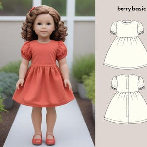 Könnte beinhalten: Eine Puppe trägt ein rotes Kleid mit Puffärmeln. Das Kleid hat einen gerafften Rock und einen runden Ausschnitt. Die Puppe steht auf einer weißen Oberfläche. Das Bild zeigt auch eine Strichzeichnung des Kleides, die die Vorder- und Rückseite zeigt.