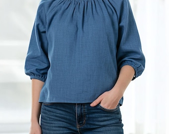Ismael verzamelde blouse naaipatroon pdf | Boerenshirt met elastische hals | Top met raglanmouwen DIY | Damesblouse voor beginners | A0 A4