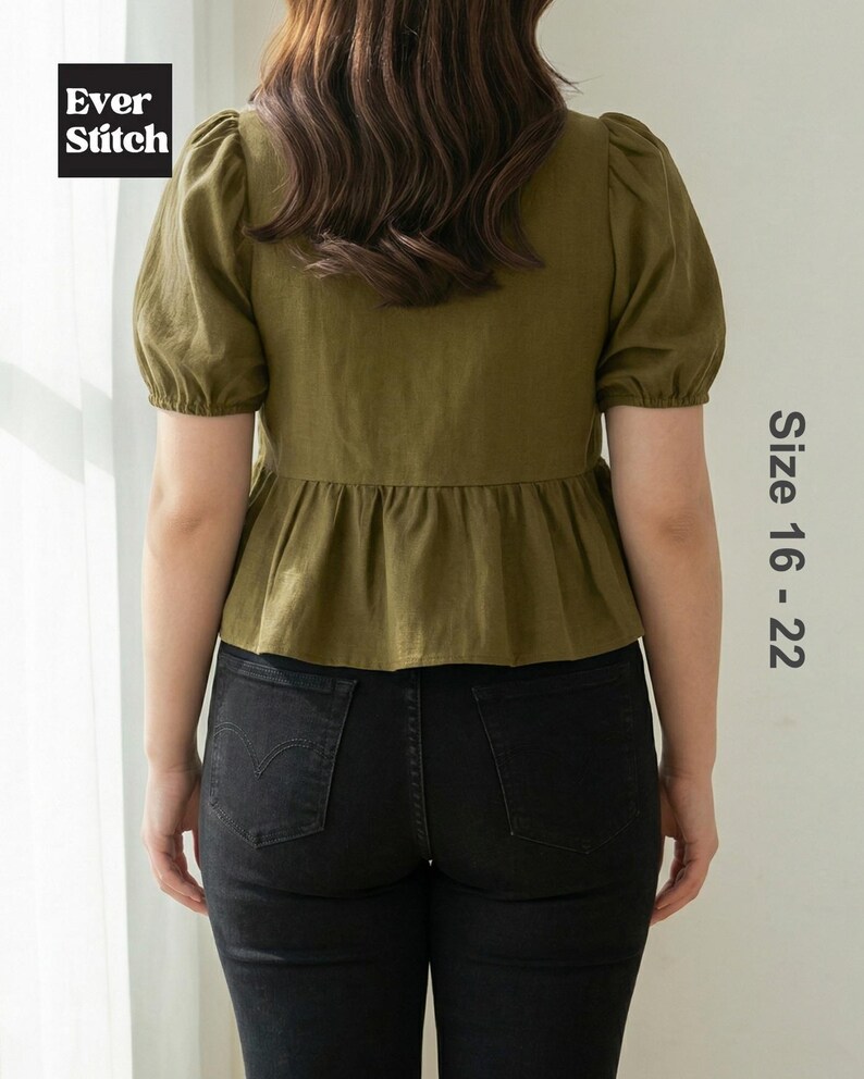 Plus-size model wearing an olive green, square-neck, short puff-sleeve top with a button-down front and peplum hem. Text reads Ever Stitch Size 16-22.