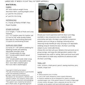 May include: A sewing pattern for a Noor Lunch Bag, available in two sizes: basic and large. The pattern includes instructions for making a lunch bag with a black and white gingham fabric. The pattern also includes a list of materials and tools needed to make the bag.
