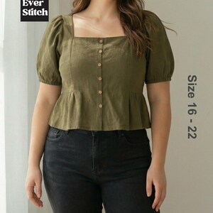 Plus-size model wearing an olive green, square-neck, short puff-sleeve top with a button-down front and peplum hem. Text reads Ever Stitch Size 16-22.
