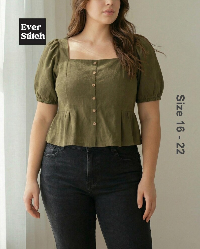 Plus-size model wearing an olive green, square-neck, short puff-sleeve top with a button-down front and peplum hem. Text reads Ever Stitch Size 16-22.
