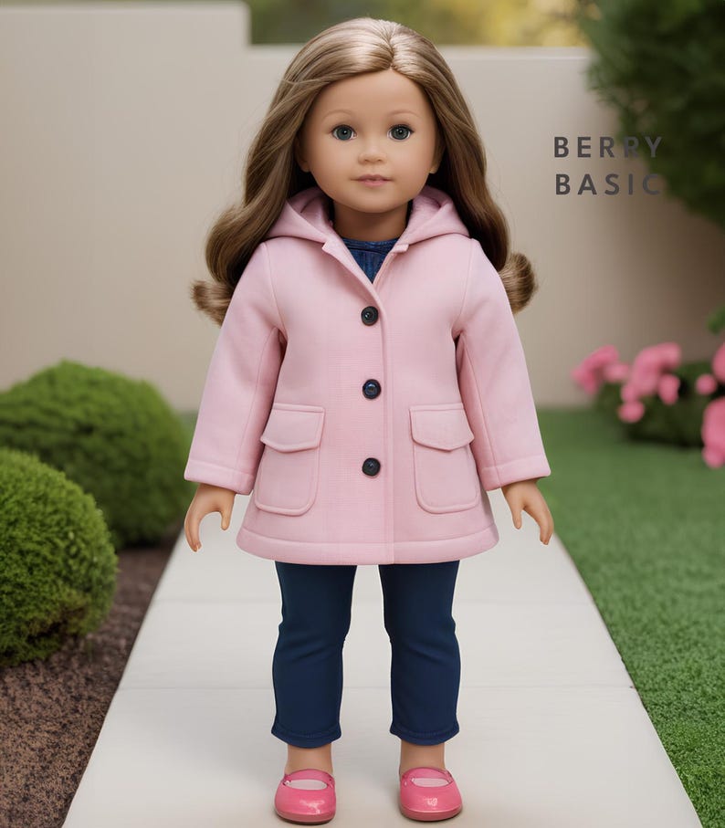 May include: A pink hooded coat with a button closure and two pockets. The coat is being worn by a doll with brown hair and blue eyes. The doll is wearing blue jeans and pink shoes. The text "BERRY BASIC" is visible in the background.