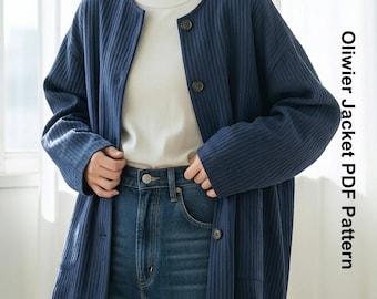 Womens Jacket Sewing Pattern | Collarless Coat PDF | Minimalist Drop Shoulder Cardigan | DIY Casual Layering Wear Size 4-14 | Everstitch