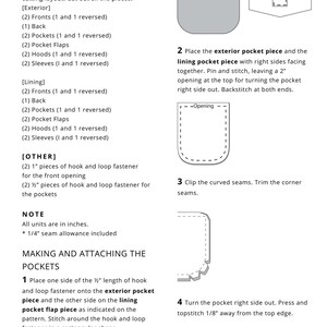 May include: A sewing tutorial for making a pocket with a hook and loop fastener. The instructions include cutting, sewing, and attaching the pocket to a garment. The image shows a diagram of the pocket and the steps involved in making it.