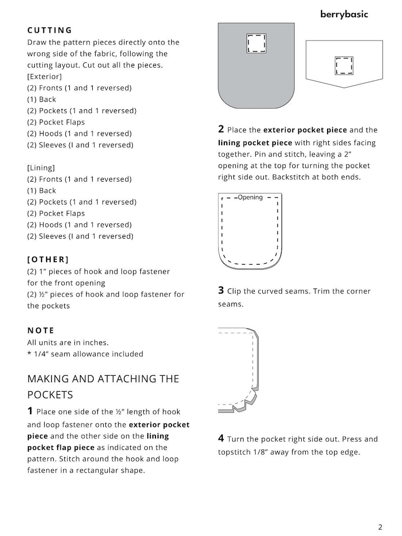 May include: A sewing tutorial for making a pocket with a hook and loop fastener. The instructions include cutting, sewing, and attaching the pocket to a garment. The image shows a diagram of the pocket and the steps involved in making it.