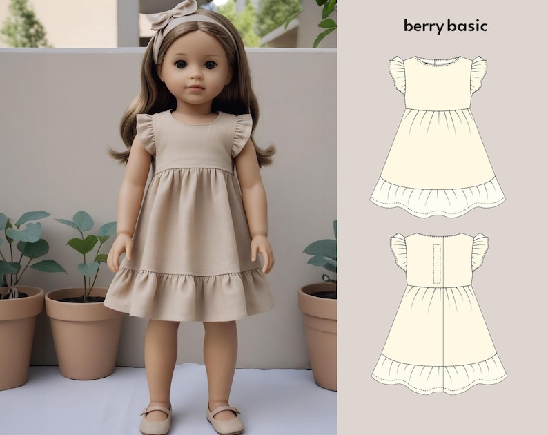 K&ouml;nnte beinhalten: Eine Puppe in einem beigefarbenen Kleid mit R&uuml;schen&auml;rmeln und -saum, passendem Stirnband und Schuhen. Das Kleid-Design ist rechts abgebildet, mit dem Text "berry basic" &uuml;ber der Illustration.
