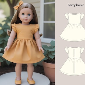 Könnte beinhalten: Eine Puppe trägt ein senfgelbes Kleid mit Rüschenärmeln. Das Kleid hat einen einfachen, runden Ausschnitt und einen gerafften Rock. Die Puppe trägt gelbe Schuhe und hat braunes Haar mit einer roten Schleife.