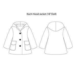 May include: Line drawing pattern for a hooded jacket for an 18 inch doll. The front and back views of the jacket are shown. The jacket has a hood, a button closure, and two pockets.