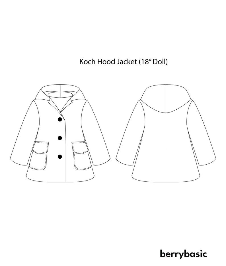 May include: Line drawing pattern for a hooded jacket for an 18 inch doll. The front and back views of the jacket are shown. The jacket has a hood, a button closure, and two pockets.