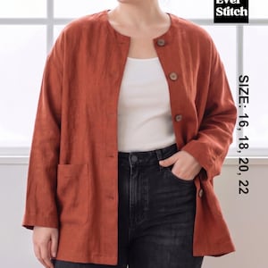 May include: Rust-colored linen jacket with a round collar and button closure. The jacket has two front pockets and is paired with black jeans. The image includes the text "Ever Stitch" and size options: 16, 18, 20, 22.