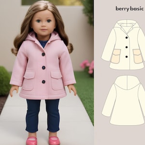 May include: A pink hooded coat with a button closure and two pockets. The coat is shown on a doll wearing blue jeans and pink shoes. The image also includes a line drawing of the coat in white on a light gray background.