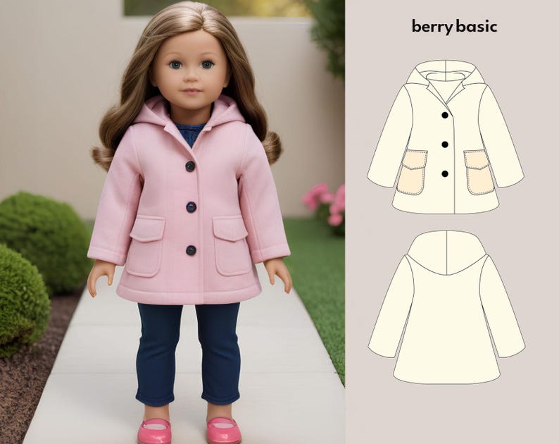 May include: A pink hooded coat with a button closure and two pockets. The coat is shown on a doll wearing blue jeans and pink shoes. The image also includes a line drawing of the coat in white on a light gray background.