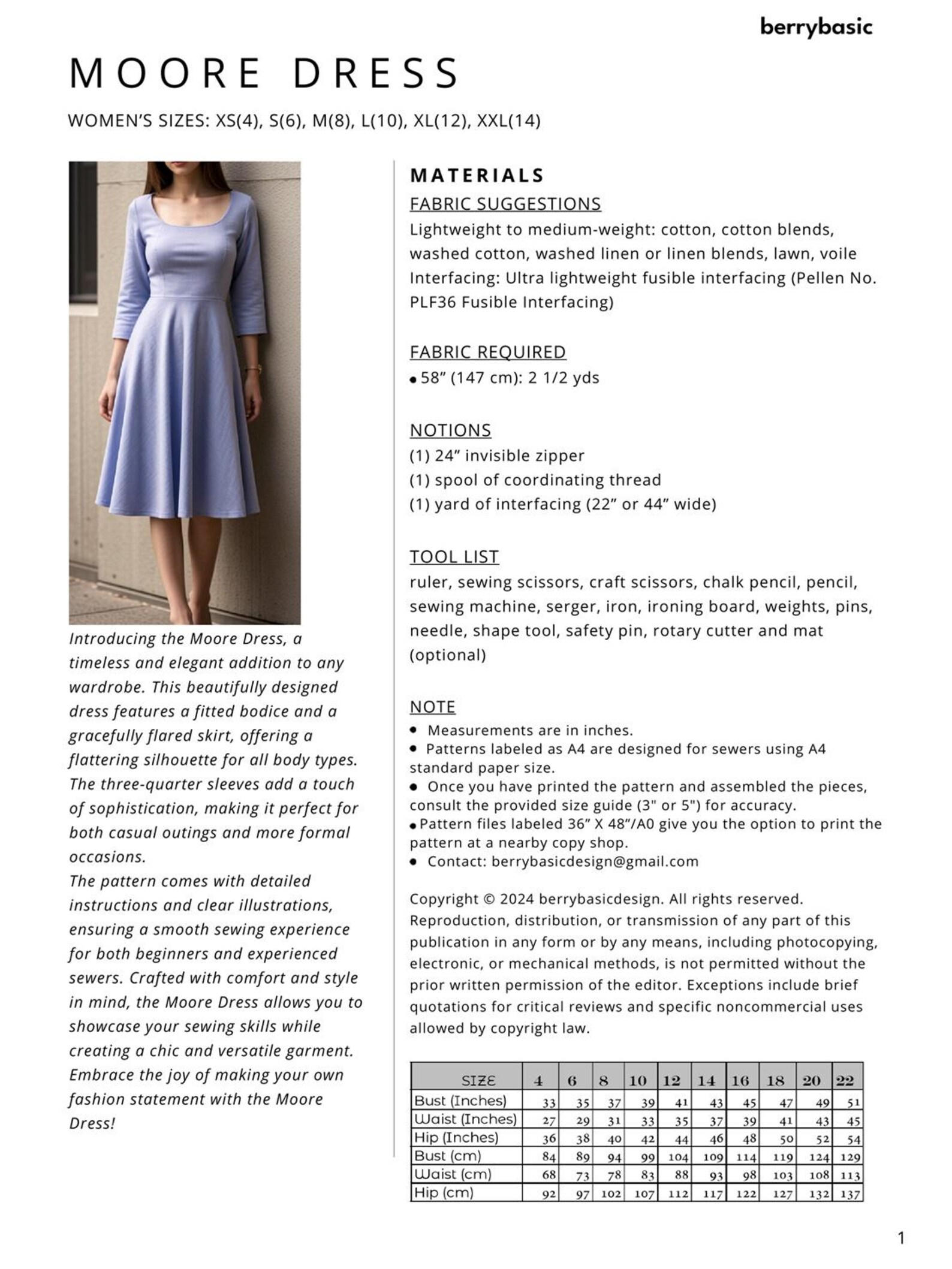 Moore Fit and Flare Dress Sewing Pattern PDF | 3/4 Sleeve A-line Midi ...