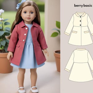 May include: A doll wearing a red coat over a blue dress. The doll has blonde hair and blue eyes. The image also shows a line drawing of a white coat with a collar and pockets. The text "berry basic" is at the top of the image.