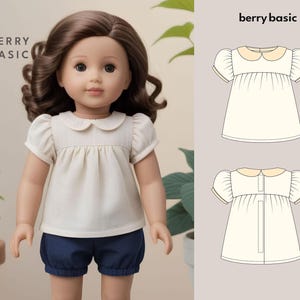 Pode incluir: Uma boneca branca vestindo uma blusa branca de colarinho e mangas bufantes e shorts azuis. A boneca está em pé em frente a um fundo branco com um desenho de linha da blusa em vista frontal e traseira. O desenho é rotulado como "berry basic".