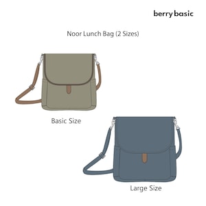 May include: Two canvas lunch bags, one in a muted green and one in a dark blue, with brown leather accents and a strap. The text "Noor Lunch Bag (2 Sizes)" is above the bags, and "Basic Size" and "Large Size" are below the bags.