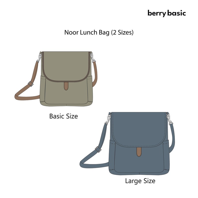 May include: Two canvas lunch bags, one in a muted green and one in a dark blue, with brown leather accents and a strap. The text "Noor Lunch Bag (2 Sizes)" is above the bags, and "Basic Size" and "Large Size" are below the bags.