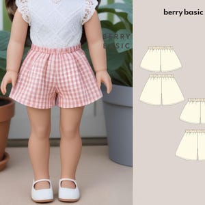 May include: A doll in a white lace top and pink and white gingham shorts, wearing white shoes. The image includes the text "berry basic" and a diagram of shorts. The shorts have a classic check pattern.