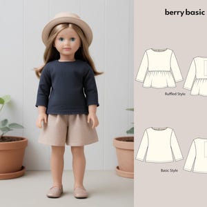 Peut inclure: Une poupée portant une chemise à manches longues bleu marine, un short beige et un chapeau marron. L'image montre également un dessin au trait d'une chemise avec deux styles différents : un style basique et un style à volants. Le texte "berry basic" est en haut de l'image.