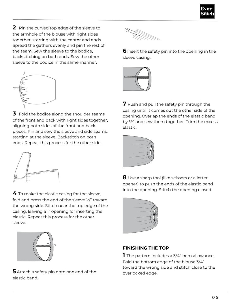 May include: A page from a sewing pattern with illustrated instructions. The steps include pinning, folding, and stitching fabric to create a garment. Text and diagrams guide the process, with the "Ever Stitch" logo in the top right corner.