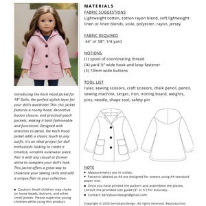 May include: A sewing pattern for a pink hooded jacket for a 18-inch doll. The pattern includes instructions for making the jacket with a hood, button closure, and patch pockets. The pattern is labeled "Koch Hood Jacket" and is designed for sewers using A4 standard paper size.