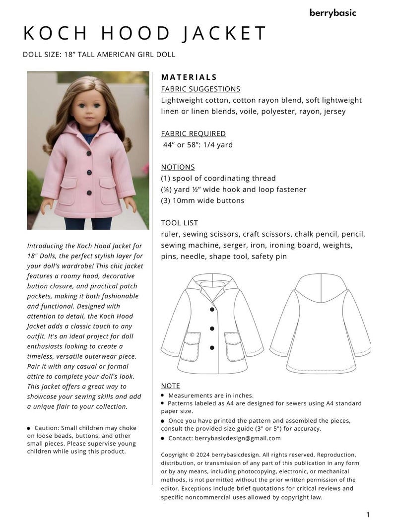May include: A sewing pattern for a pink hooded jacket for a 18-inch doll. The pattern includes instructions for making the jacket with a hood, button closure, and patch pockets. The pattern is labeled "Koch Hood Jacket" and is designed for sewers using A4 standard paper size.