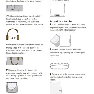 May include: A step-by-step guide for assembling a bag with a brown leather handle and a gray fabric exterior. The instructions include pressing seams open, tucking the exterior into the lining, pinning and sewing the exterior and lining around the top opening, turning the bag right side out, and tucking the lining into the exterior.