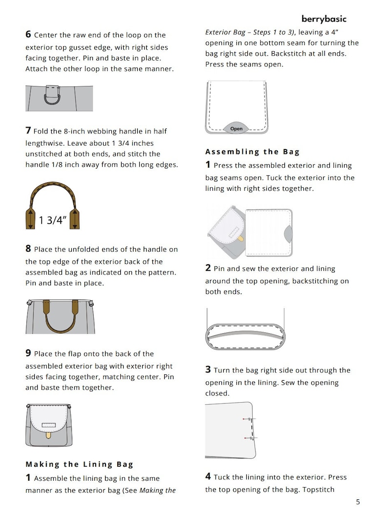 May include: A step-by-step guide for assembling a bag with a brown leather handle and a gray fabric exterior. The instructions include pressing seams open, tucking the exterior into the lining, pinning and sewing the exterior and lining around the top opening, turning the bag right side out, and tucking the lining into the exterior.
