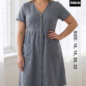 May include: A grey linen dress with a V-neck, short sleeves, and a button-down front. The dress has two front pockets and is available in sizes 16, 18, 20, and 22. The Ever Stitch logo is visible in the upper right corner.