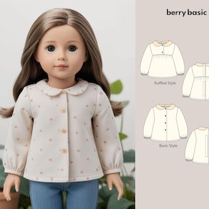 May include: A doll wearing a white blouse with a floral pattern and a peter pan collar. The blouse has a button-up front and long sleeves. The doll is wearing blue jeans. The image also shows two line drawings of the blouse in different styles: one with ruffles and one without.
