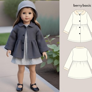 Peut inclure: Un manteau gris pour poupée avec un col blanc et une fermeture à boutons. Le manteau a une jupe plissée et des manches longues. La poupée porte une robe grise et des chaussures noires. L'image comprend également un dessin au trait du manteau en blanc et crème.