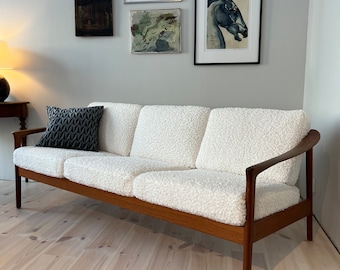 Canapé moderne « Monterey » Folke Ohlsson en teck, meubles en tissu crème, canapé suédois moderne Japandi