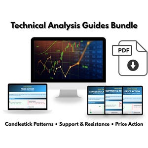 May include: A digital bundle titled "Technical Analysis Guides" featuring a desktop computer, laptop, and tablet displaying stock charts and educational content. The bundle includes guides on candlestick patterns, support & resistance, and price action.