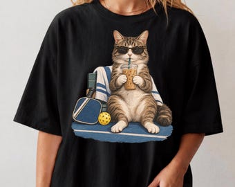 Pickleball Cat Shirt, Cat Drinking Iced Coffee Tee, Funny Animal Graphic, Comfort Colors Shirt, Pickleball Gift