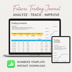 Op de afbeelding: Een laptop en tablet met een "Futures Trading Journal" met de woorden "ANALYZE • TRACK • IMPROVE". De schermen tonen een "Trading Portfolio" met gegevenstabellen en grafieken. De afbeelding bevat ook de tekst "NUMBERS TEMPLATE INSTANT DOWNLOAD".