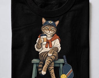 Pickleball Cat Shirt, Courtside Coffee Graphic Tee, Cat Lover Gift