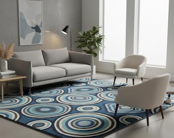 Modern Blue geometric Area Rug Abstract Cricle Pattern Carpet Contemporary Living Room Rug