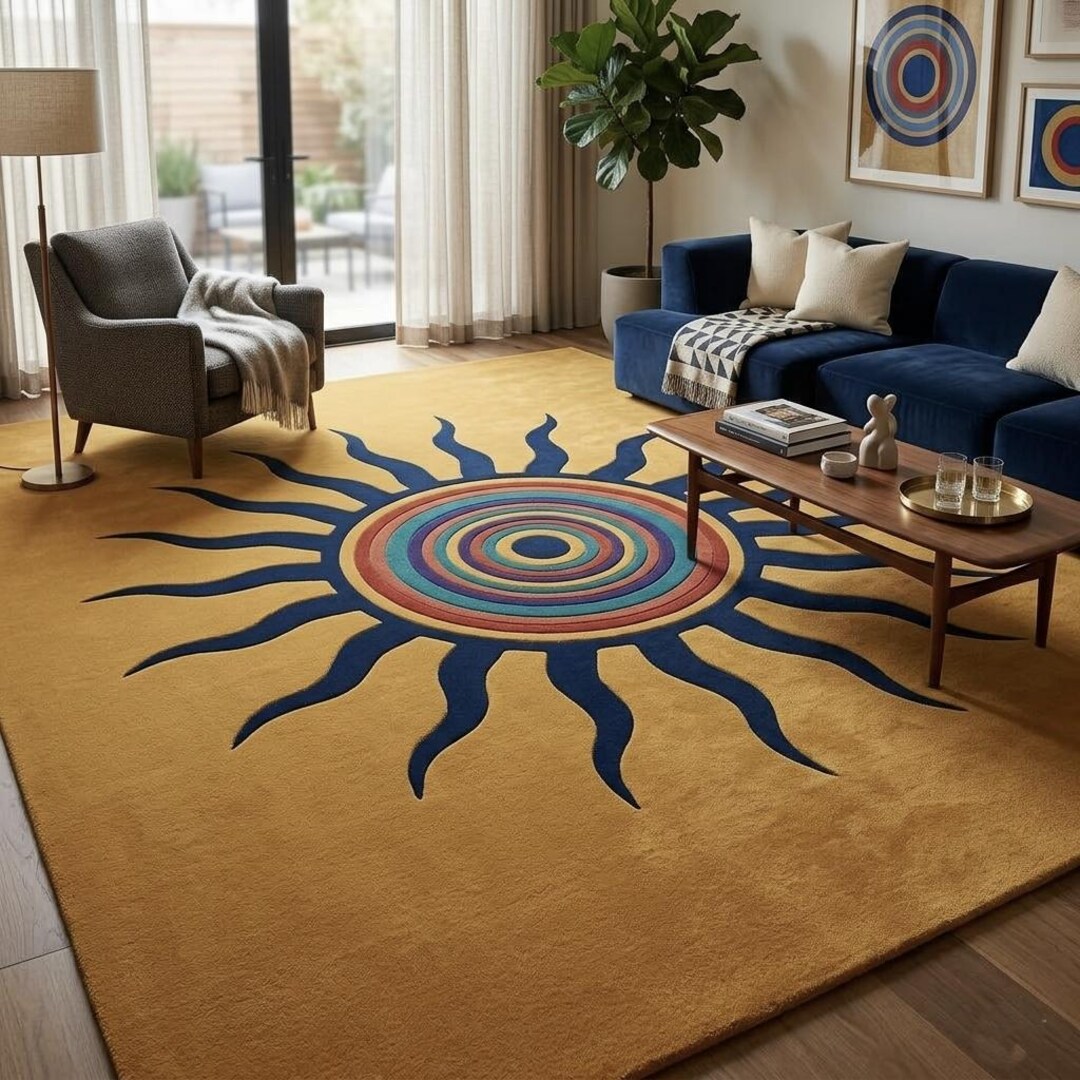 Large Yellow Sunburst Area Rug Retro Mid Century Modern Tufted Wool ...