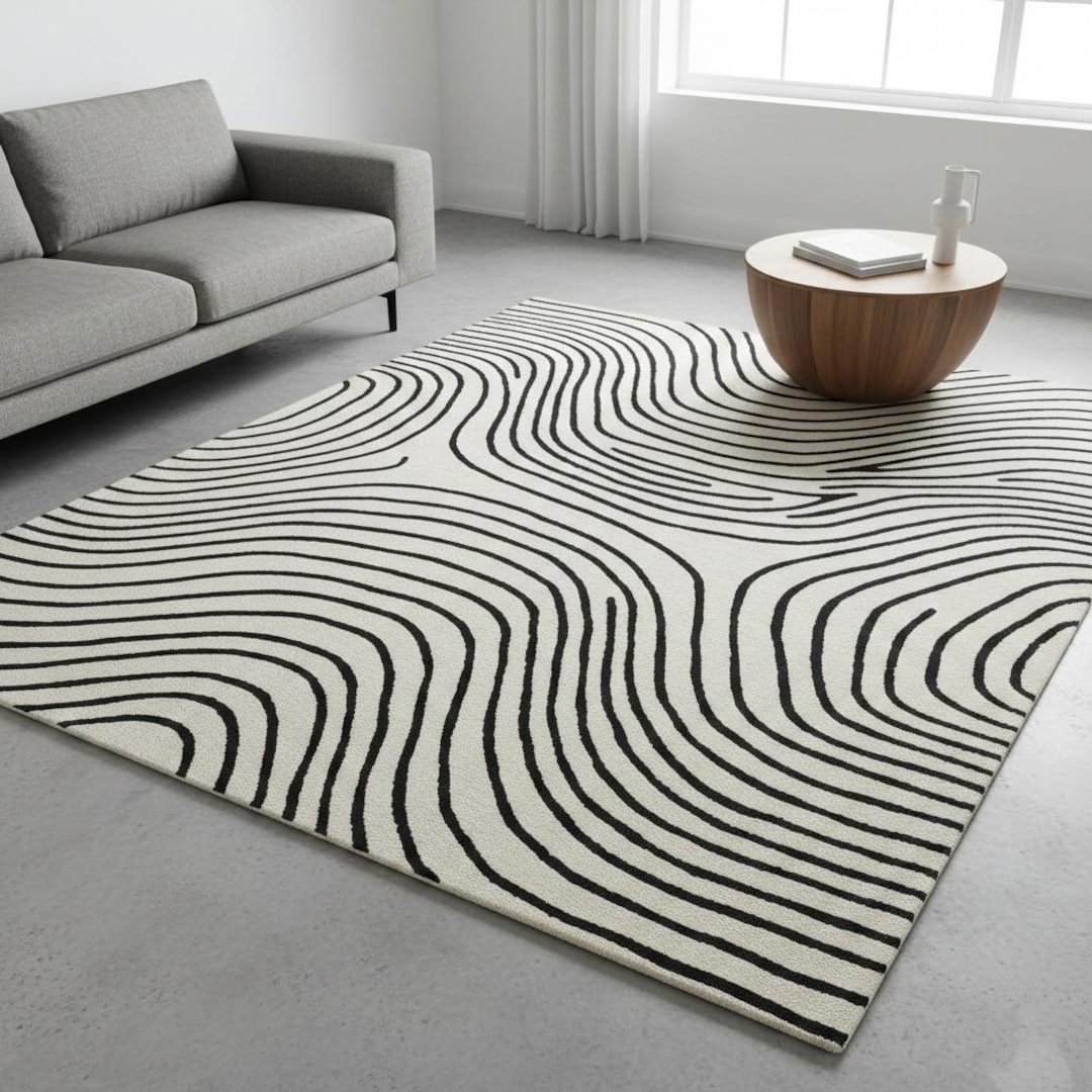 White Abstract Pattern Area Rug Black and White Abstract Area Rug Minimalist Wave Pattern Carpet ...