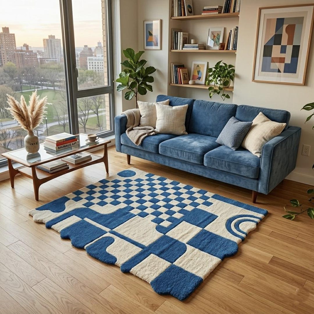 Tufted Check Rug Custom Blue Checkered Hand Tufted Rug Large Abstract Geometric Wool ...