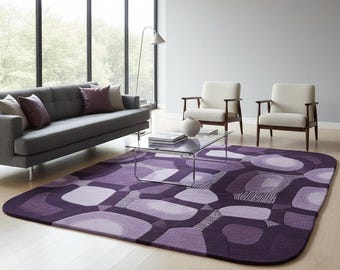 Alfombra abstracta moderna de color morado con patrón geométrico, alfombra contemporánea de color lila y ciruela.