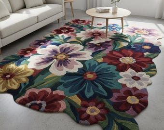 Hand Tufted Floral Rug Colorful Flower Area Rug Modern Boho Scalloped Edge Carpet