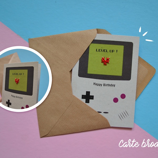 Carte anniversaire brodée video game