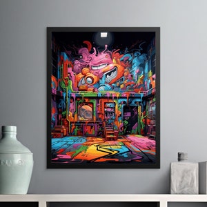 Vibrant Sci-Fi Street Art Digital Print, Colorful Urban Graffiti Wall Art, Futuristic City Poster, Neon Cyberpunk Illustration Decor