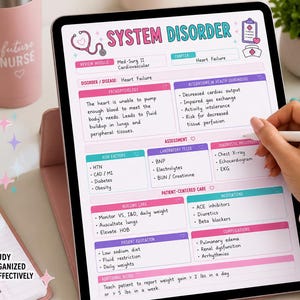 May include: A digital tablet displaying a nursing study guide titled System Disorder with sections for pathophysiology, assessment, and patient care. The screen features pink and blue accents, medical icons, and handwritten notes regarding heart failure.