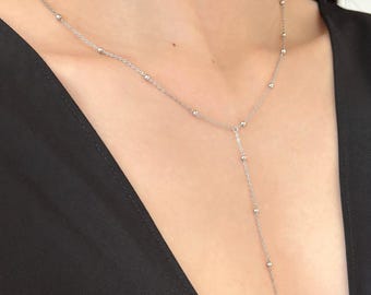 Dainty Beaded Golden Chain Y Shaped Lariat Necklace, Gold Plated Sterling Silver Clavicle Necklace Jewelry, Elegant Bead Pendant Jewellery