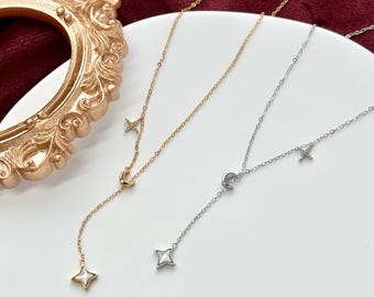 Silver Shiny Star Moon Clavicle Necklace, Golden North Star Pendant Jewellery, Gold Chain Y Shaped Lariat Necklace, Dainty Crescent Jewelry
