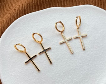 18K Gold Plated 925 Sterling Silver Christian Black White Enamel Cross Hoop Drop Dangle Earrings Thick Plating